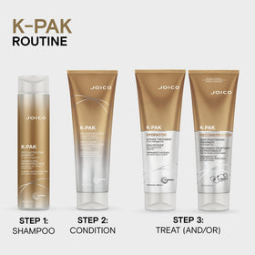 Joico on bathroom shelf in styled setting conveying healthy-looking hair
