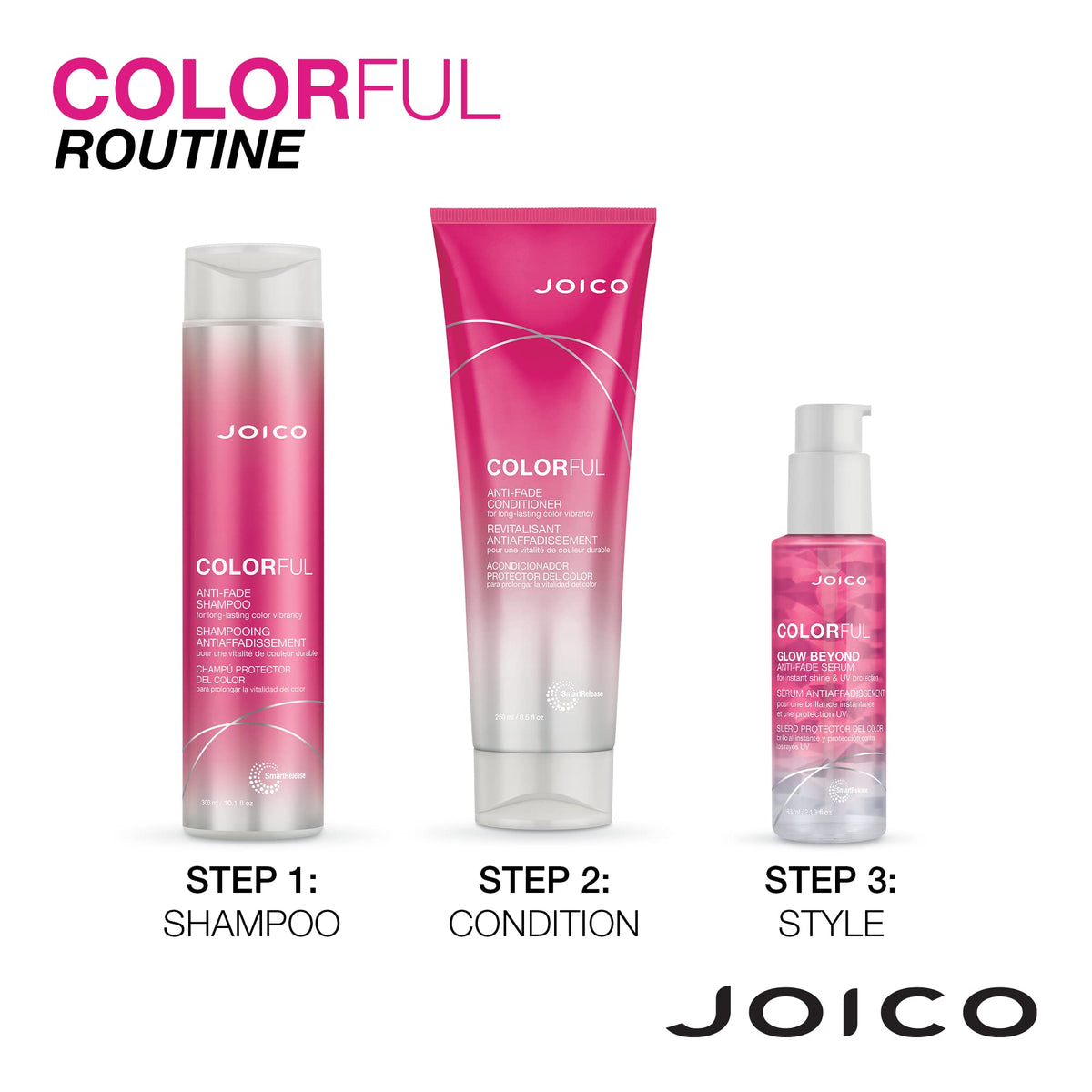 Joico duo on bathroom shelf lifestyle shot promoting everyday color care