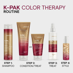 Lifestyle bathroom setting with Joico bottle near styling tools illustrating finishing-step use