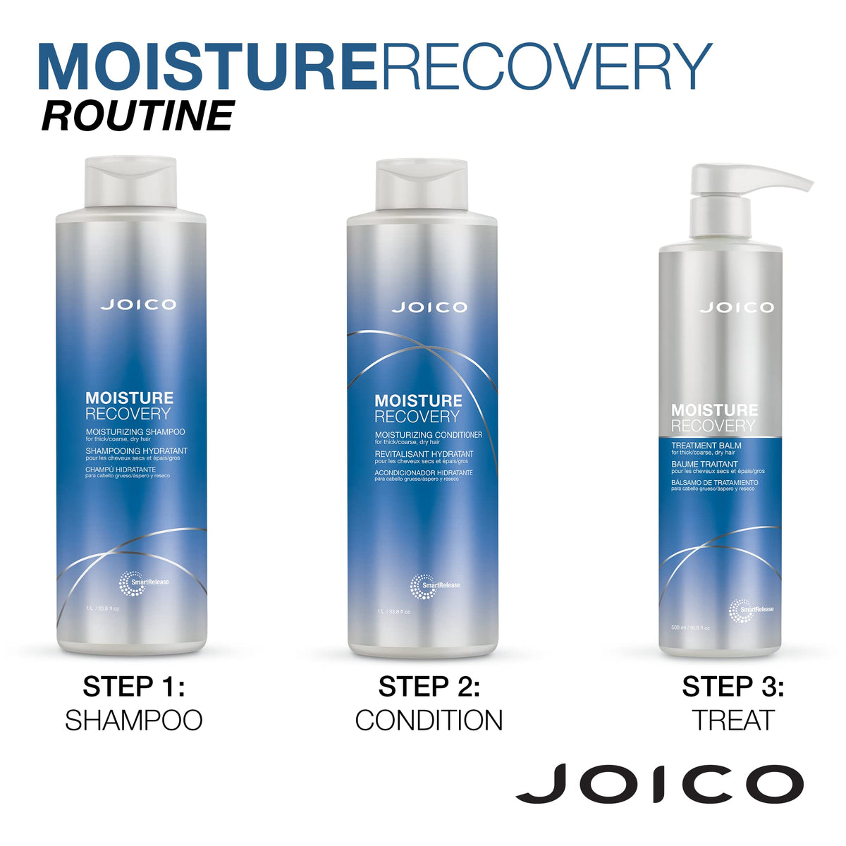 Joico set styled on bathroom shelf suggesting daily hydration routine