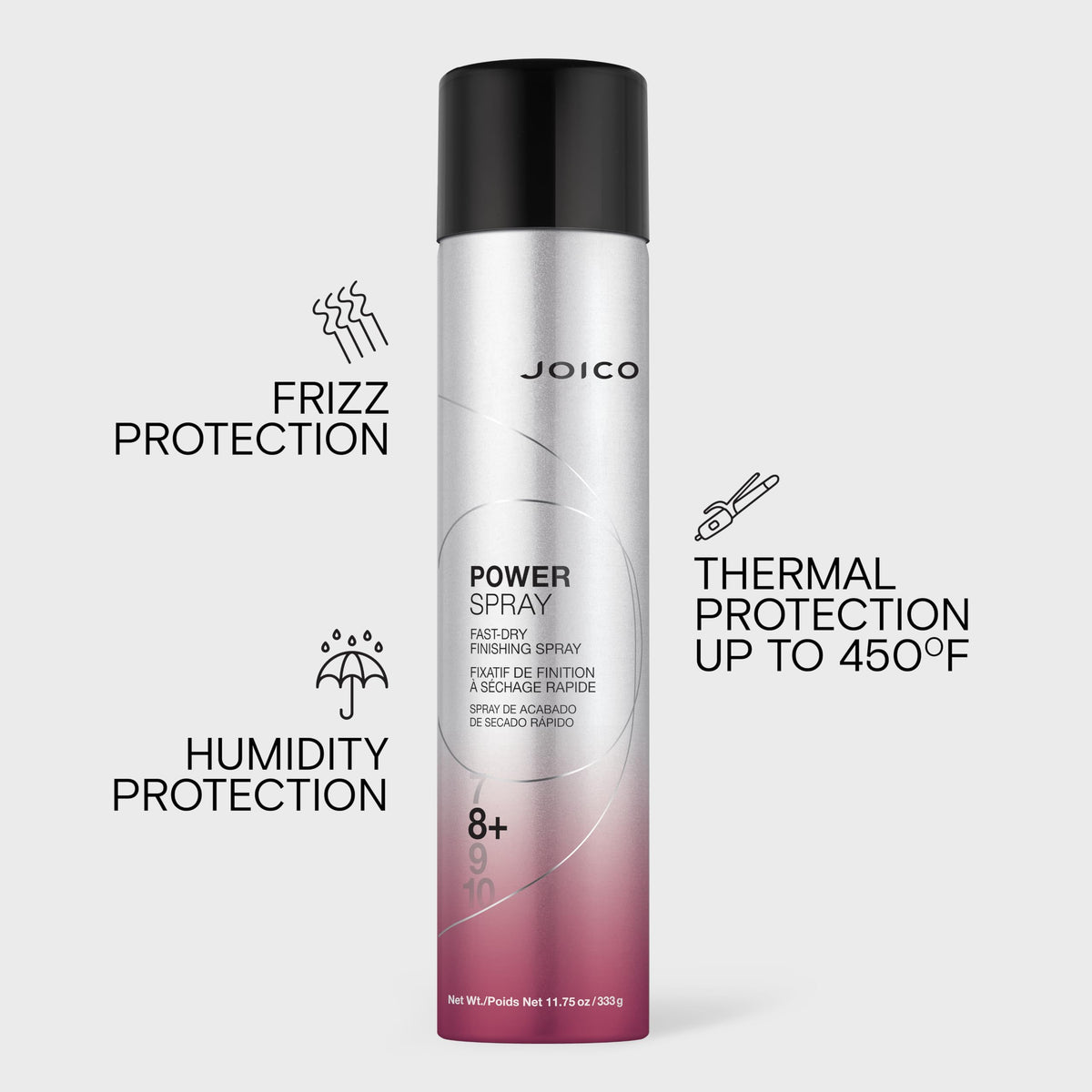 Close-up of Joico Power Spray label highlighting protection and ingredient details