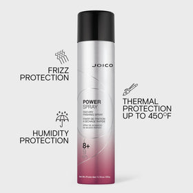 Close-up of Joico Power Spray label highlighting protection and ingredient details