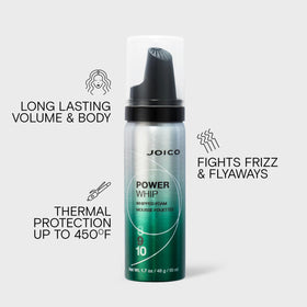 Hand applying Joico Power Whip foam to towel-dried hair demonstrating controlled root application