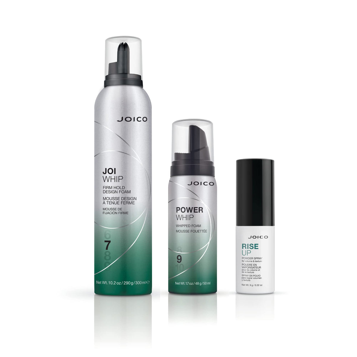 Joico Power Whip placed on bathroom shelf in lifestyle shot suggesting daily styling routine