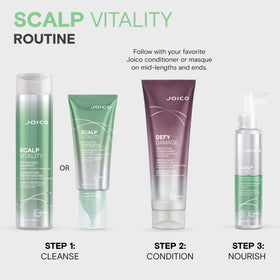 Joico jar on bathroom shelf with towel displaying refreshed scalp routine