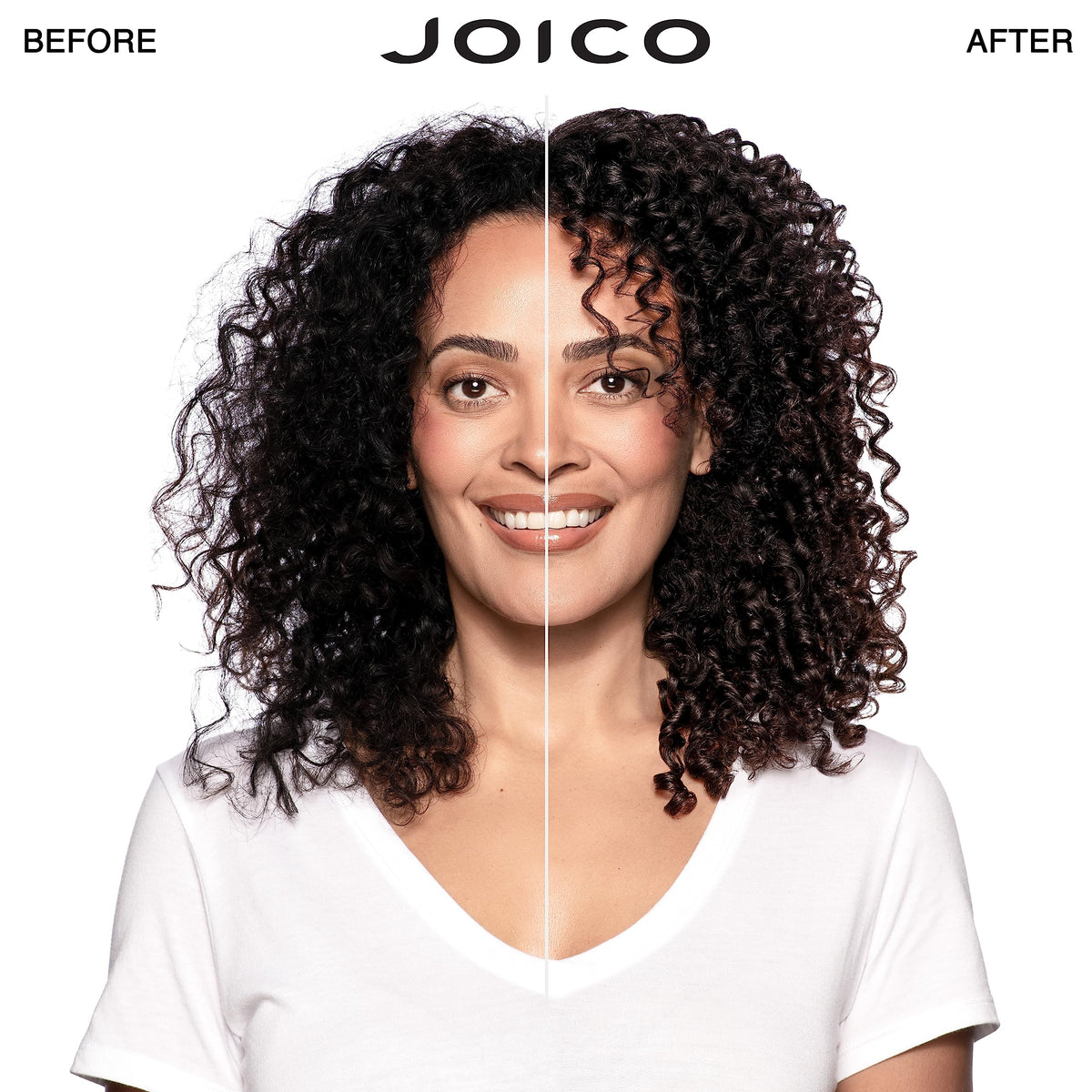 Joico shampoo and conditioner bottles side by side for easy comparison