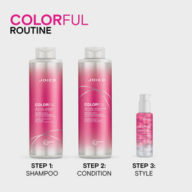 Joico shampoo applied to colored hair illustrating preserved vibrancy and gloss