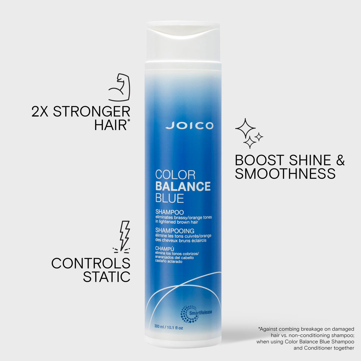 Joico pump bottle closeup label highlighting Smart Release Technology and ingredient benefits