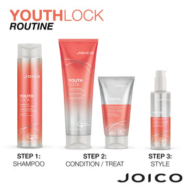 Joico YouthLock on bathroom shelf lifestyle shot implying polished routine