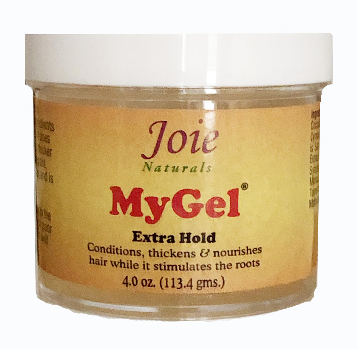 Joie Naturals MyGel front jar showing label and 4oz size, for reliable styling hold