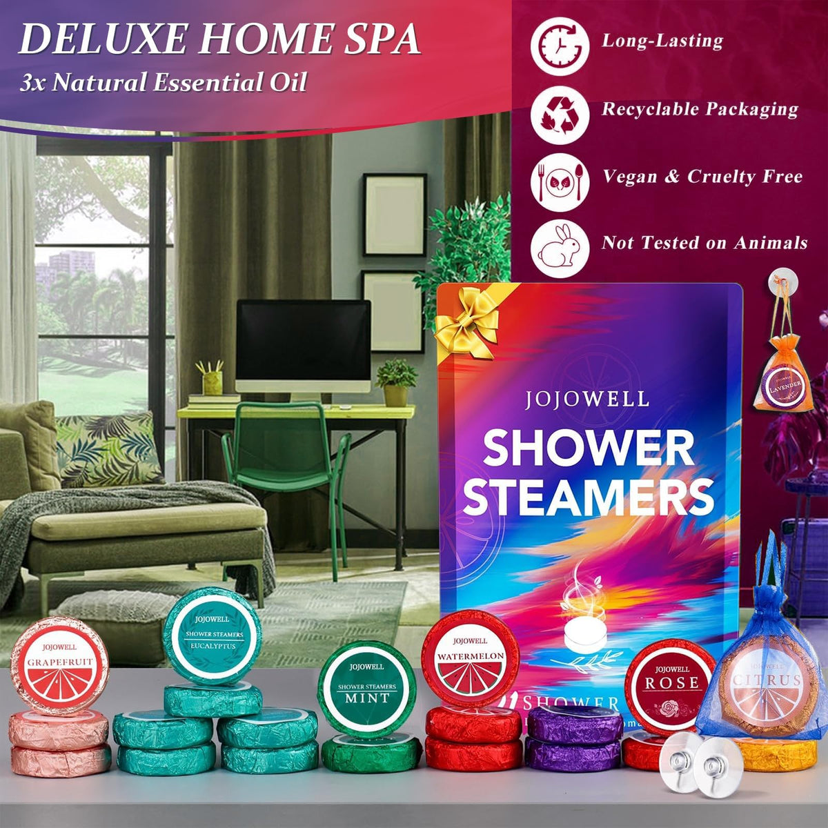 JoJowell steamer on shower ledge showing optimal placement for steam diffusion