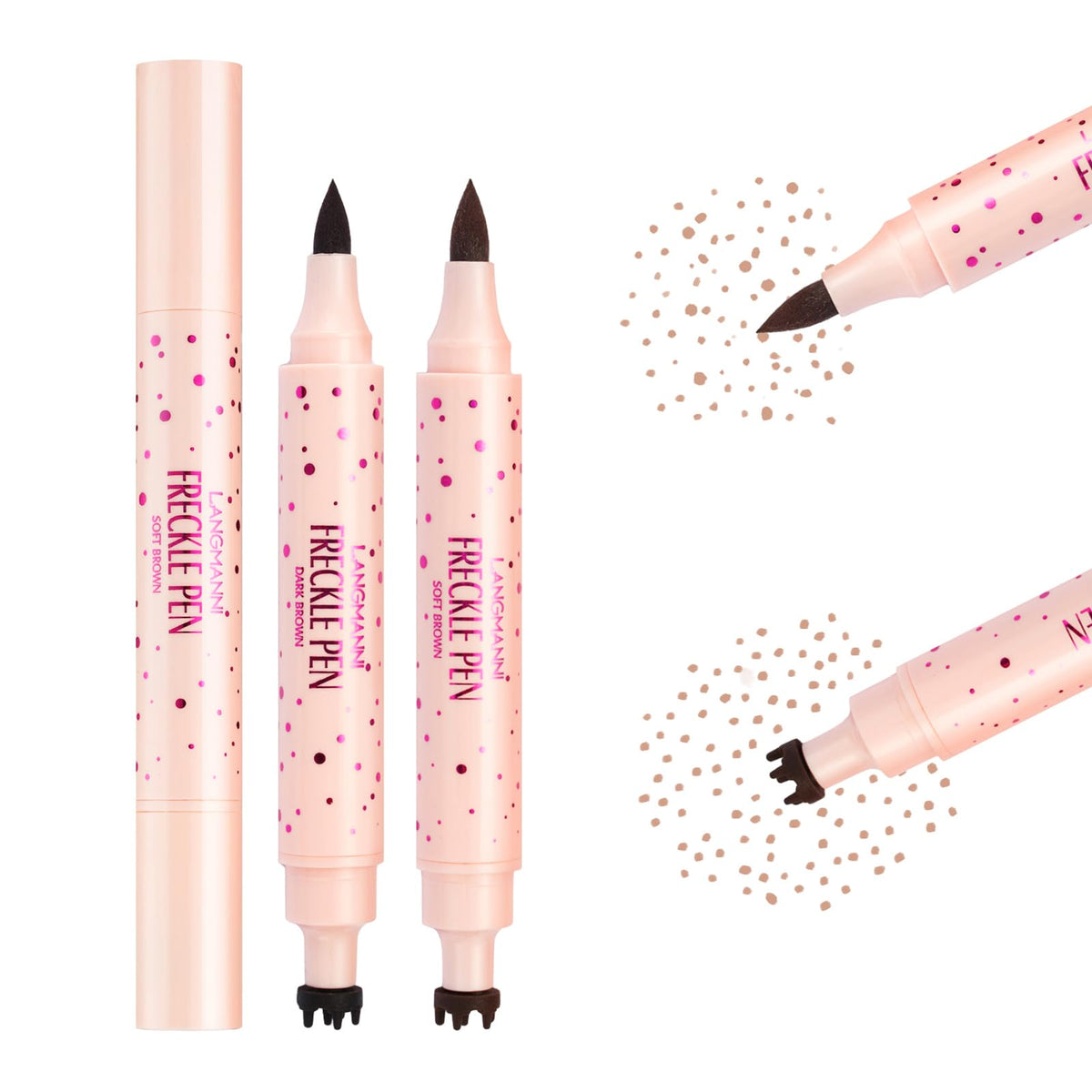 Jolilab freckle pen front view showing compact pink polka-dot case and dual ends
