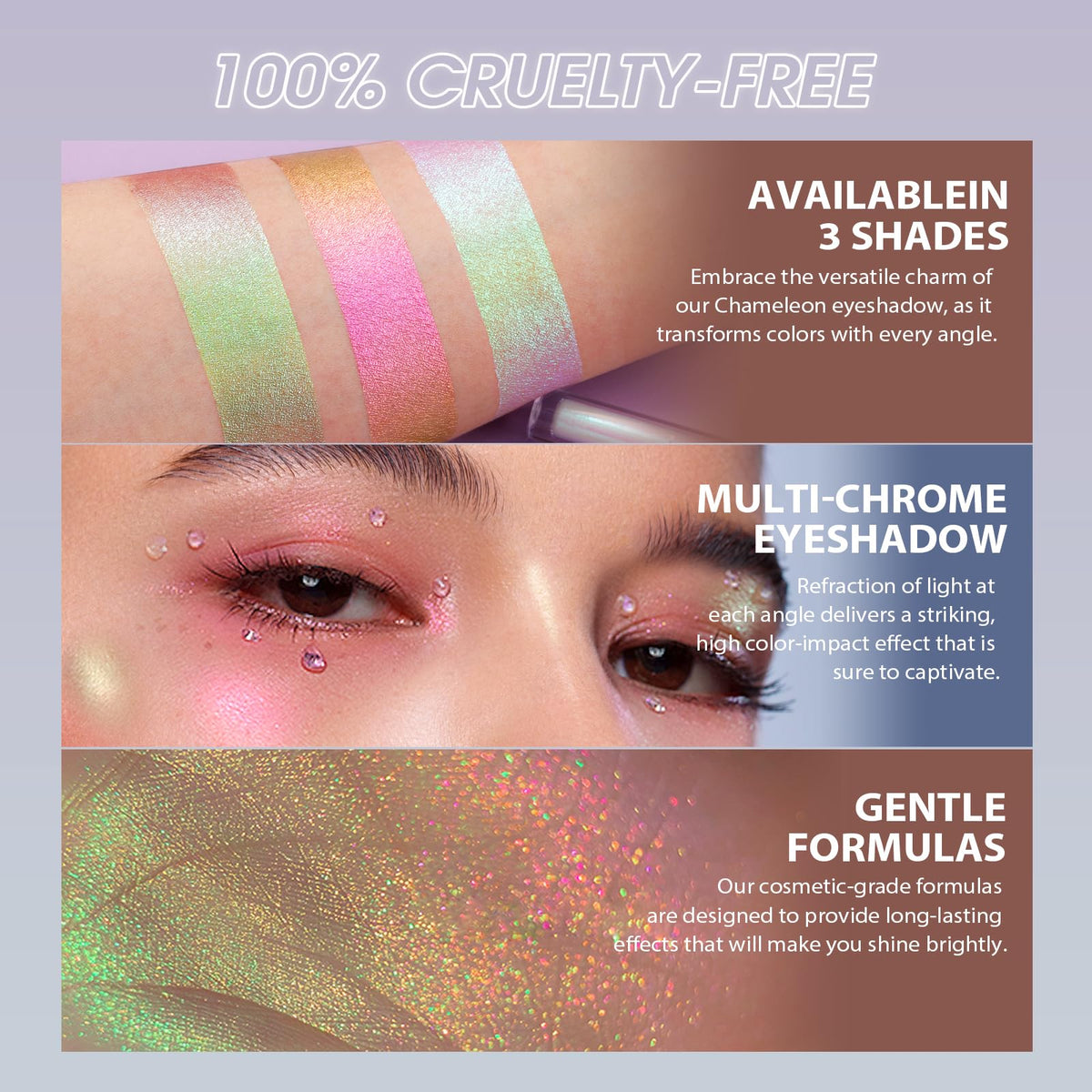 Jolilab model wearing holographic eye look showcasing intense multichrome sparkle