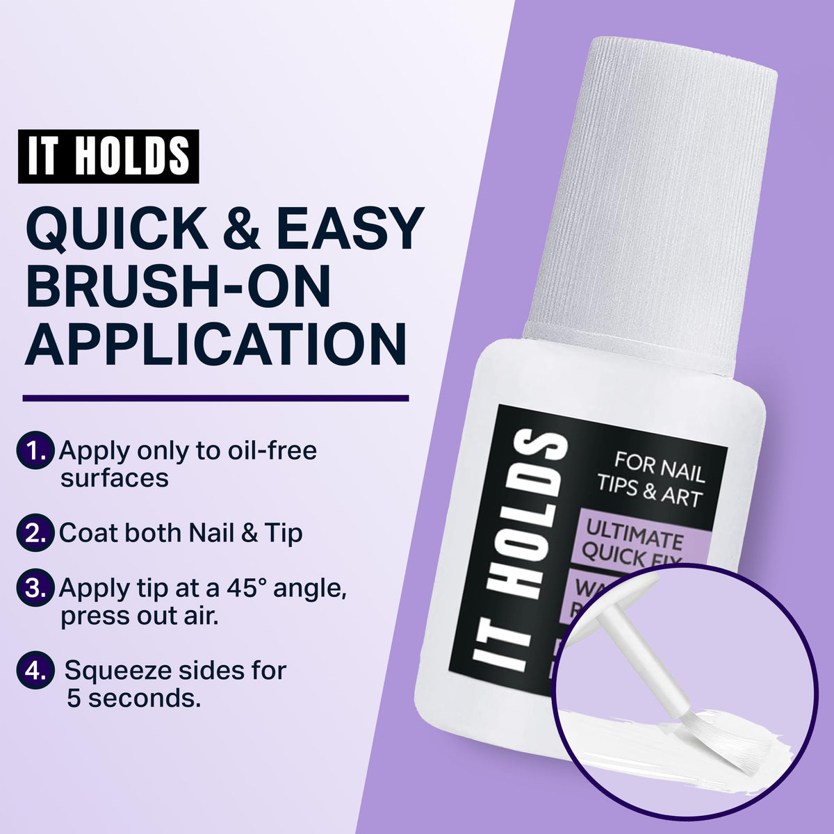 JOMI COMPRESSION applying glue to nail tip, illustrates secure professional bonding benefit