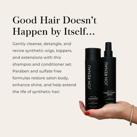 Jon Renau shampoo bottle close-up highlighting gentle foam action