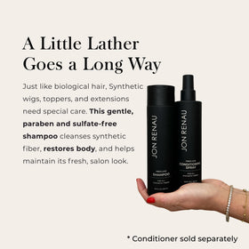 Jon Renau pump and label detail highlighting instructions and gentle formulation benefit