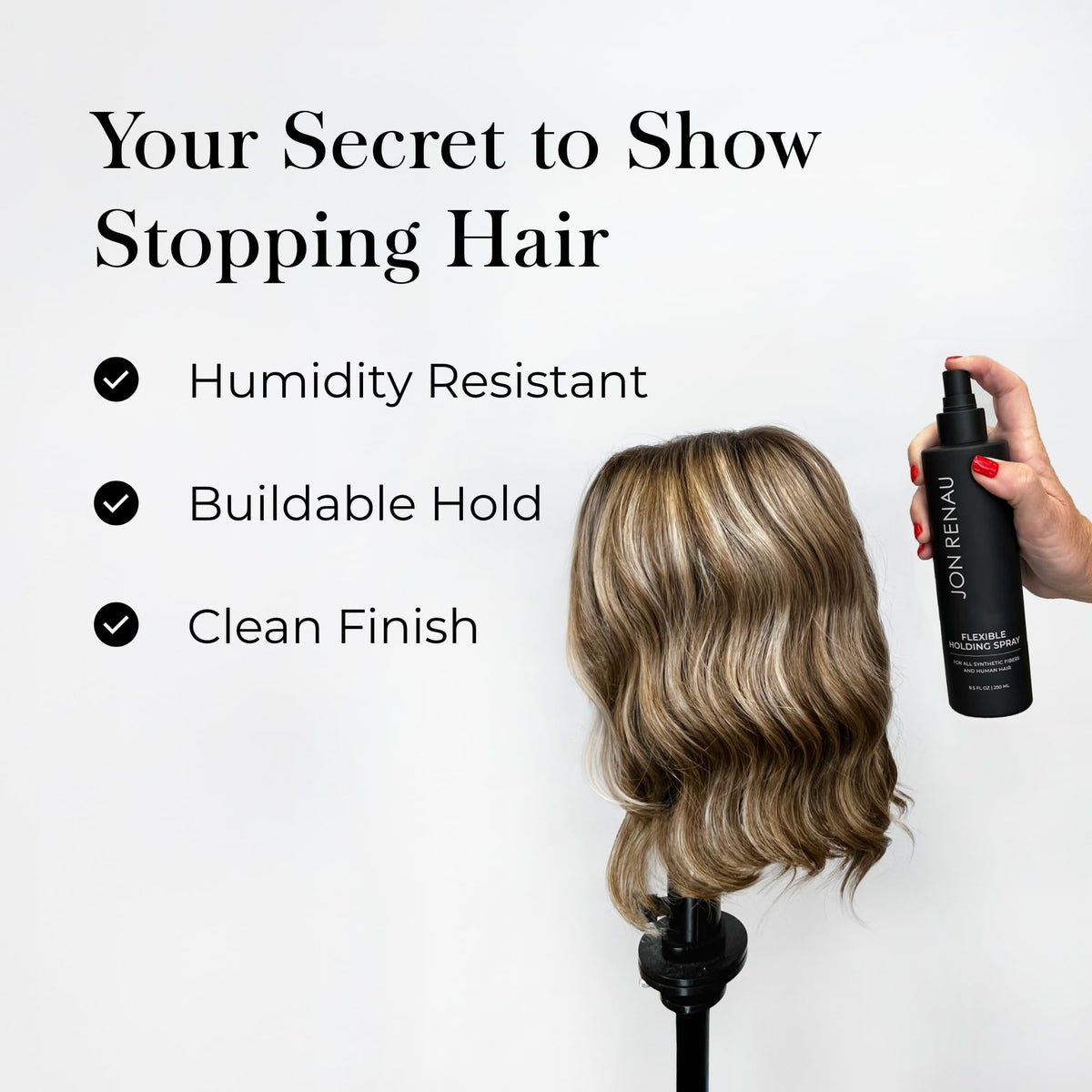Jon Renau spray on synthetic fiber showing maintained texture and shine benefit
