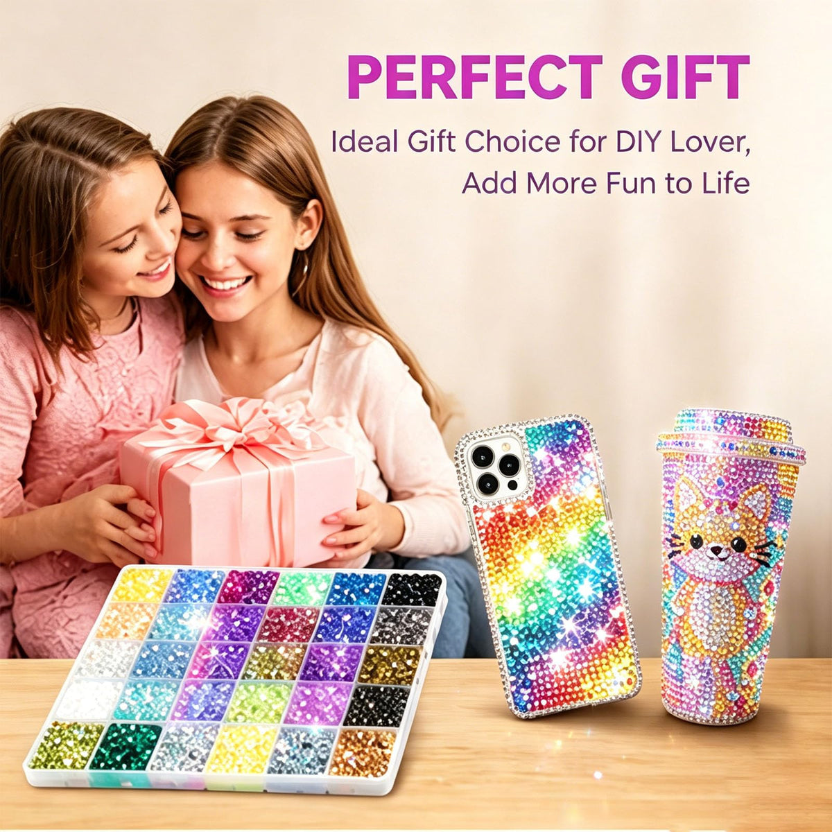 Jorovique finished party decor showcasing colorful rhinestone embellishment