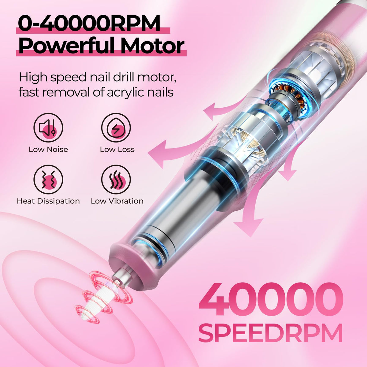 JOSGLOI aluminum handpiece close-up showing ventilation and low-vibration comfort