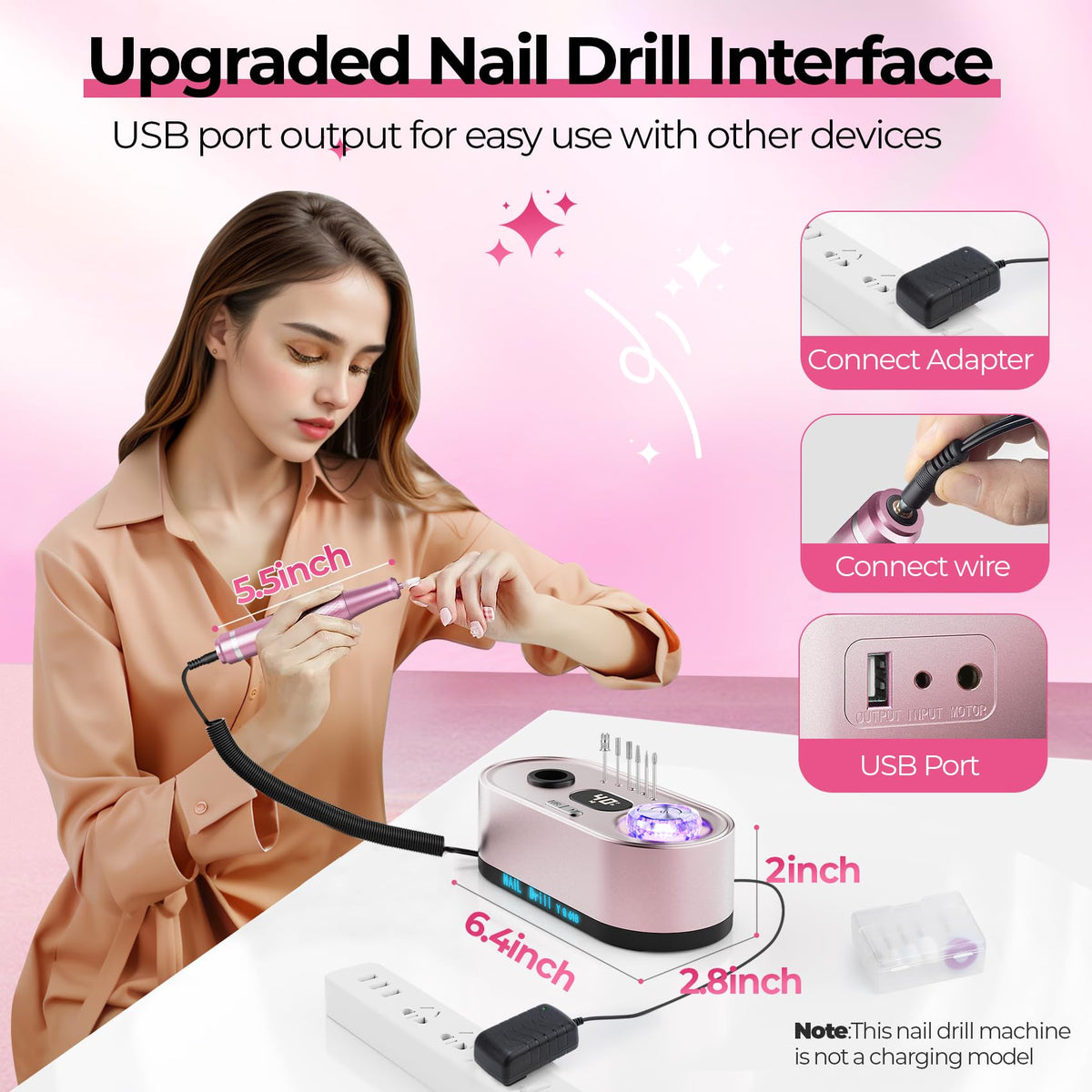 JOSGLOI drill size shown next to a hand to illustrate compact, salon-ready scale