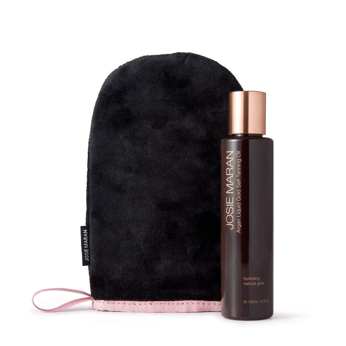 Josie Maran front packaging showing bottle and mitt, promoting easy application