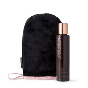Josie Maran front packaging showing bottle and mitt, promoting easy application