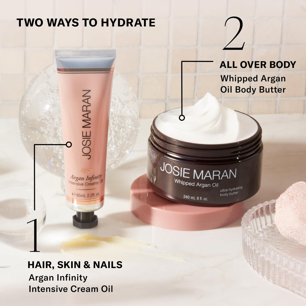 Josie Maran ingredients flatlay with argan and avocado for nourishment
