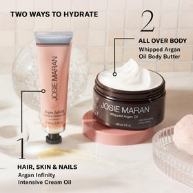 Josie Maran ingredients flatlay with argan and avocado for nourishment