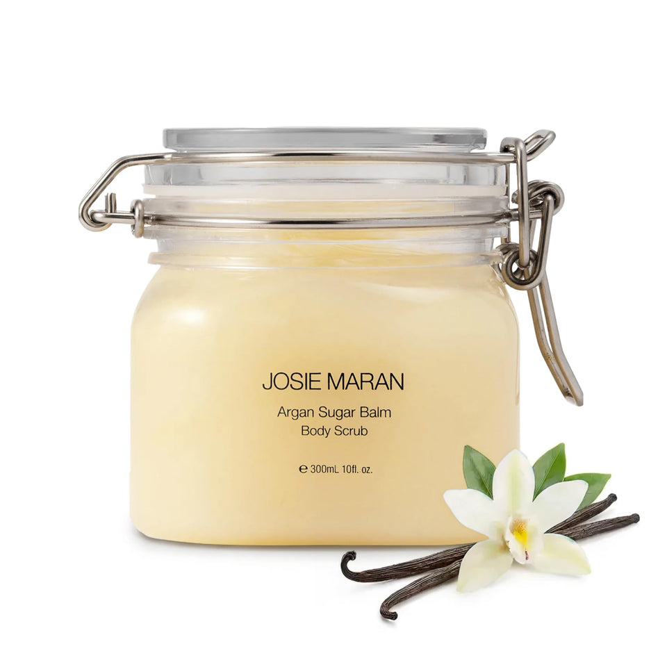 Josie Maran jar front view showing vanilla bean label and hydrating benefit