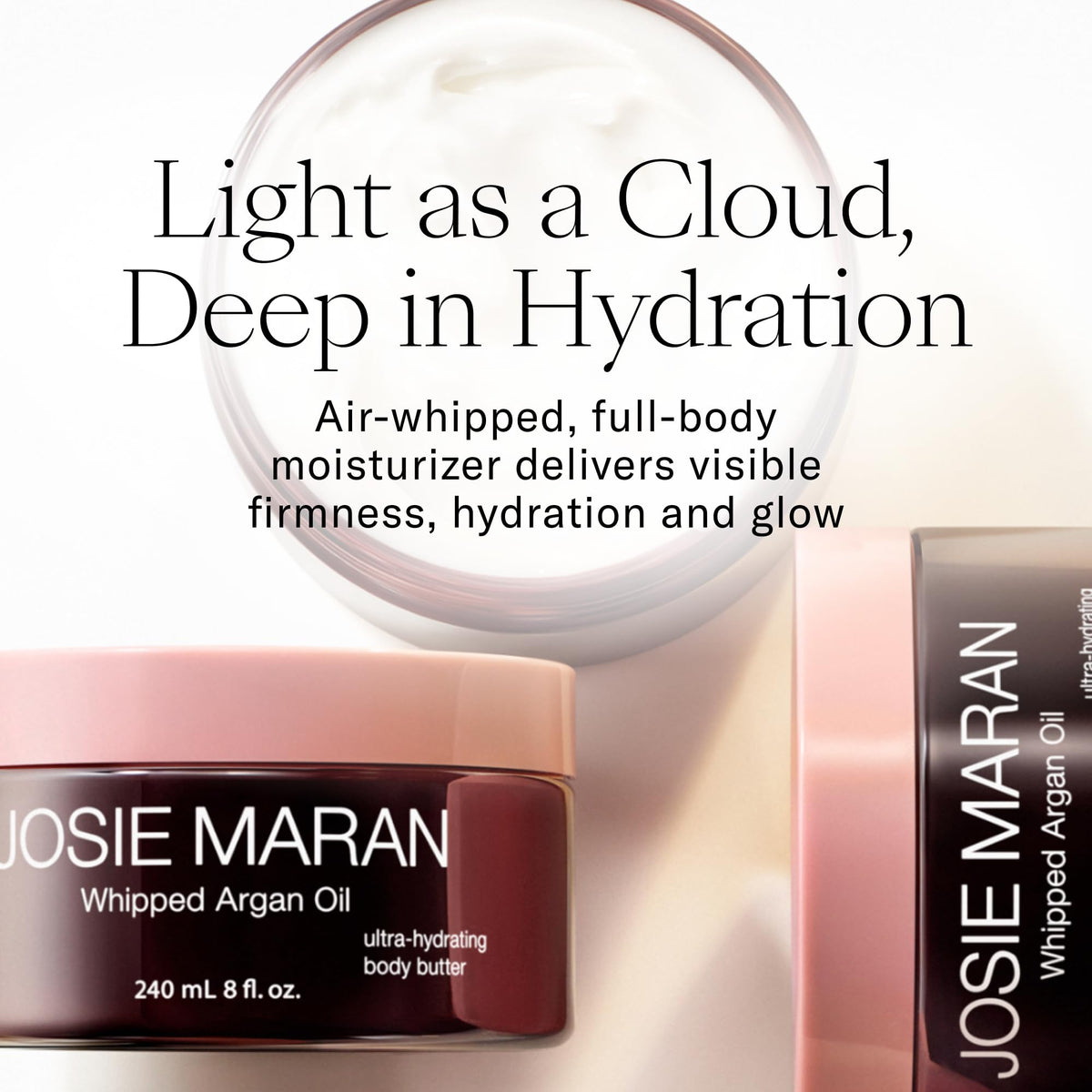 Josie Maran open jar texture close-up illustrating whipped, lightweight absorption benefit