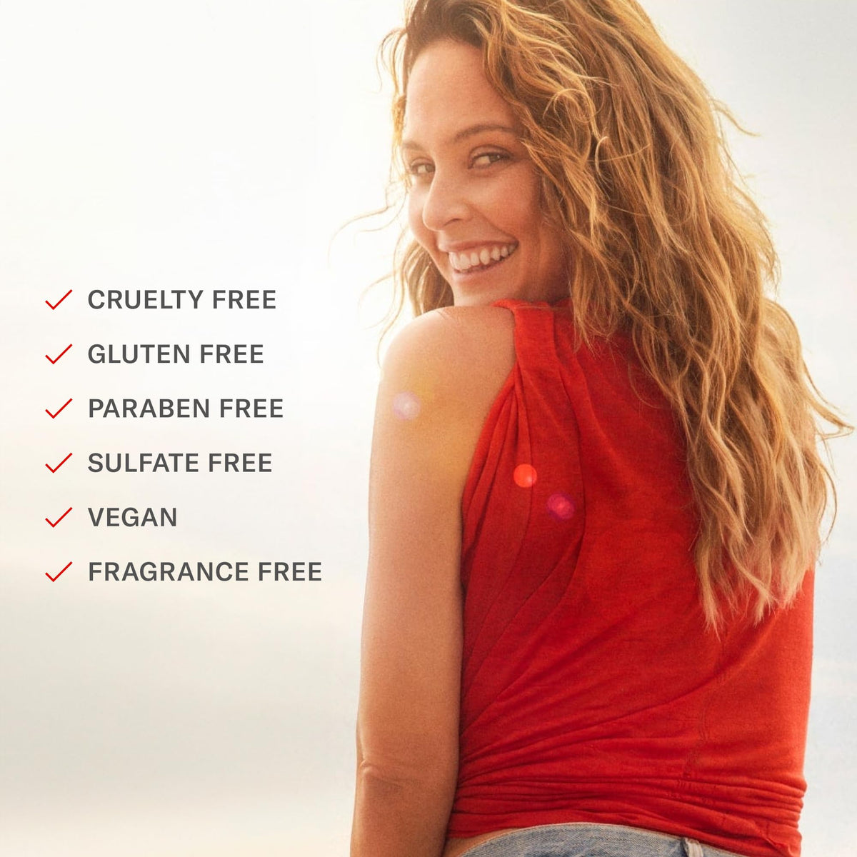 Josie Maran on a bathroom vanity in lifestyle scene showing daily use convenience