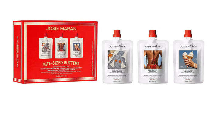 Josie Maran mini butter set front packaging showing three travel tubs and gifting appeal
