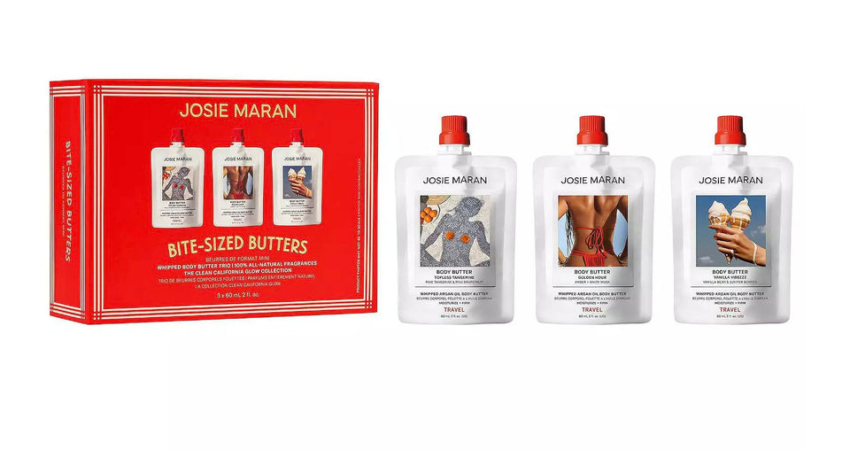 Josie Maran mini butter set front packaging showing three travel tubs and gifting appeal