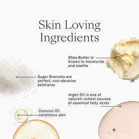 Josie Maran scrub in hand demonstrating gentle exfoliation and softened skin