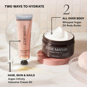 Josie Maran next to a ruler showing 2.2 fl oz scale and portability benefit