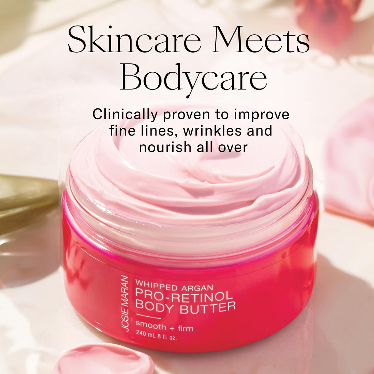 Josie Maran close-up of whipped argan texture, highlights fast-absorbing finish