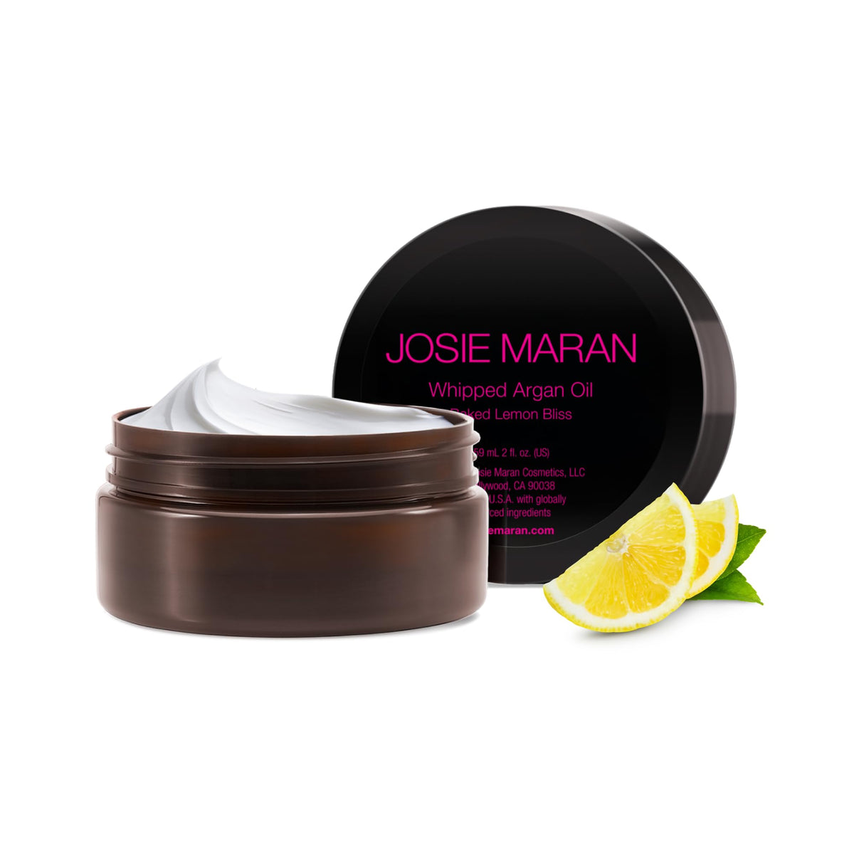 Josie Maran jar front view showing packaging and travel-friendly size benefits