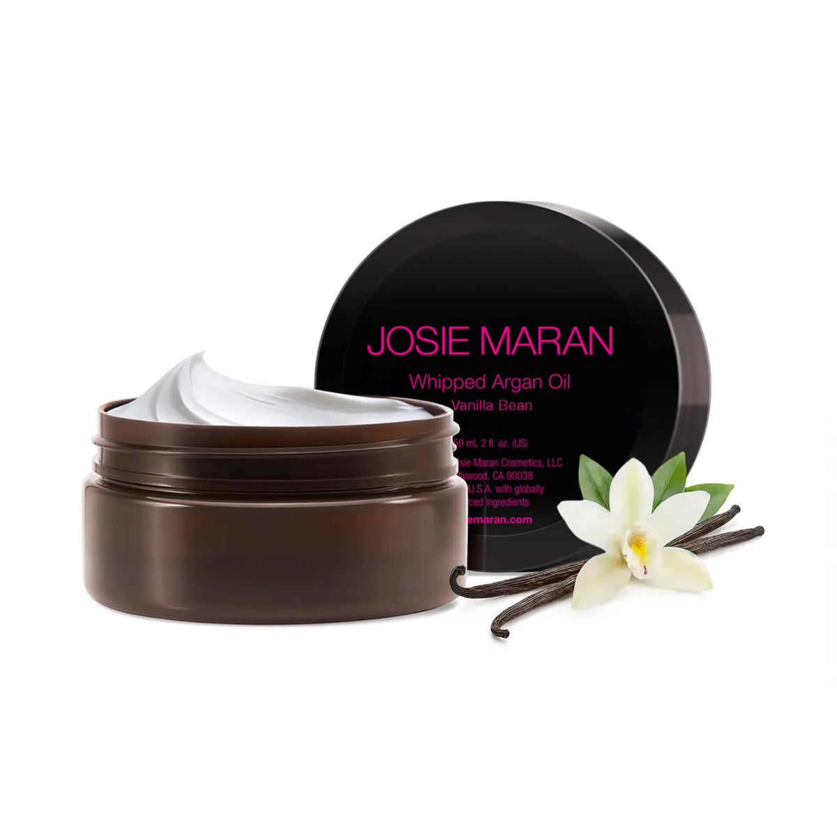 Josie Maran front jar showing clean design and travel-friendly 2 fl oz size for easy hydration