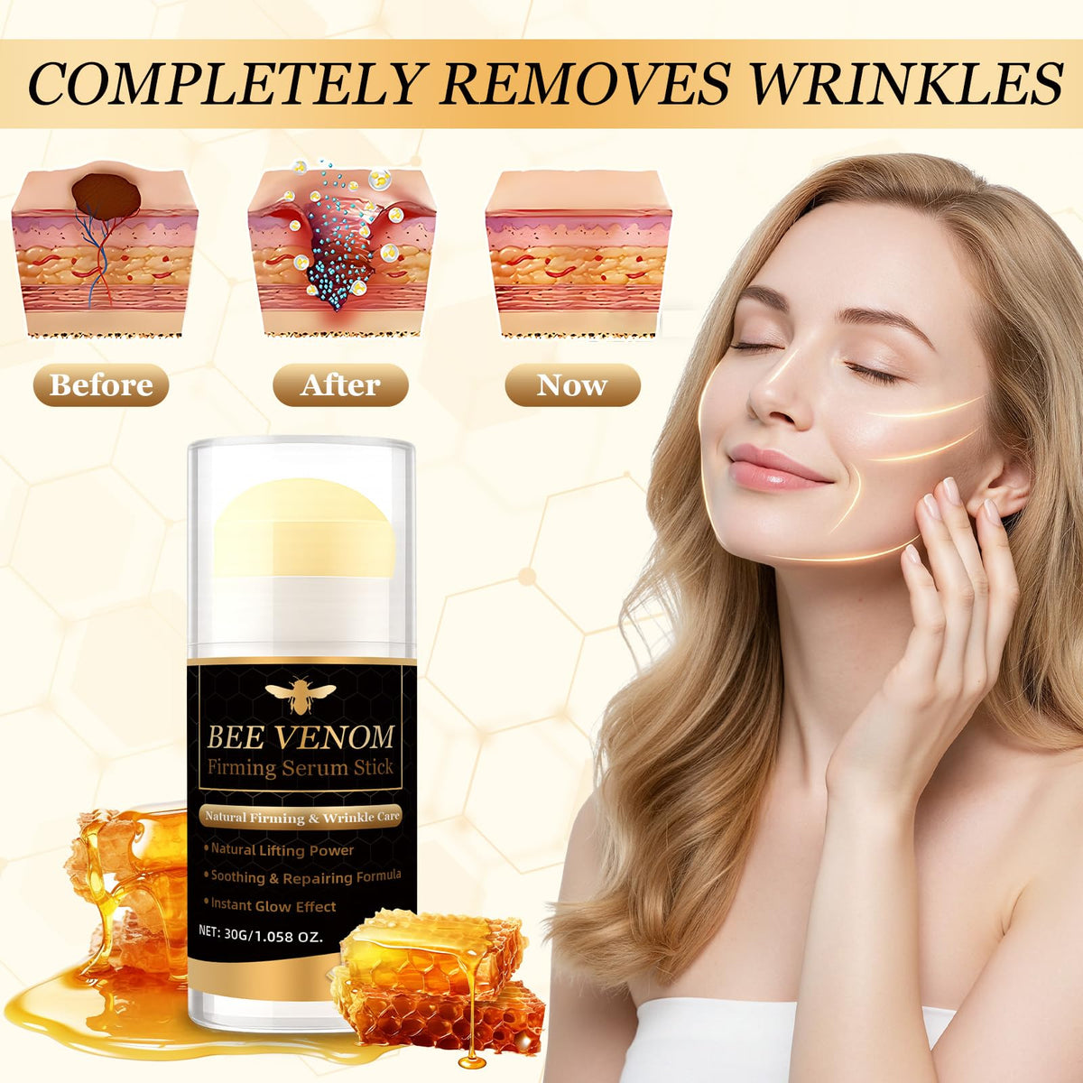 JOYAONE applying stick to neck showing tightening and texture improvement benefit