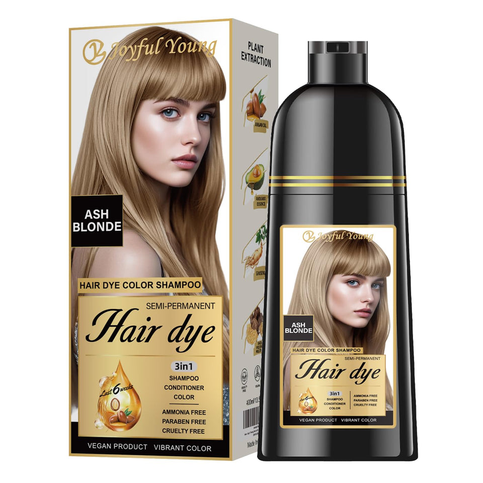 Joyful Young front bottle showing ash blonde label and easy-use benefits