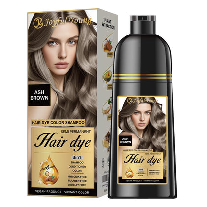 Joyful Young front bottle showing ash brown shampoo and label benefits
