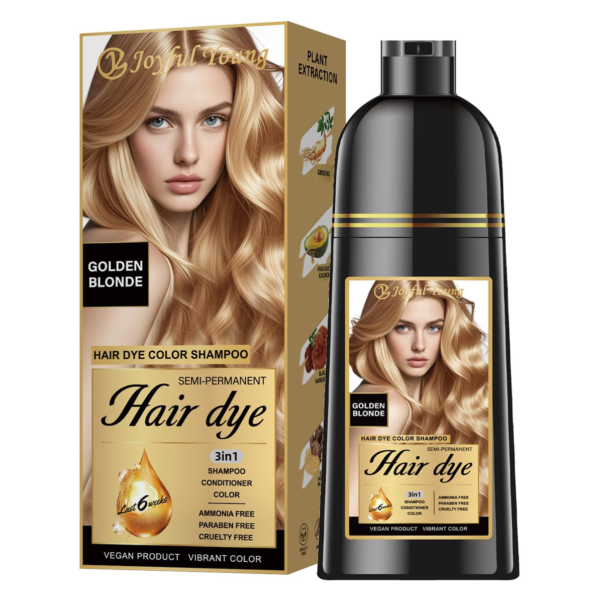 Joyful Young front bottle showing golden blonde shade and clear product benefit