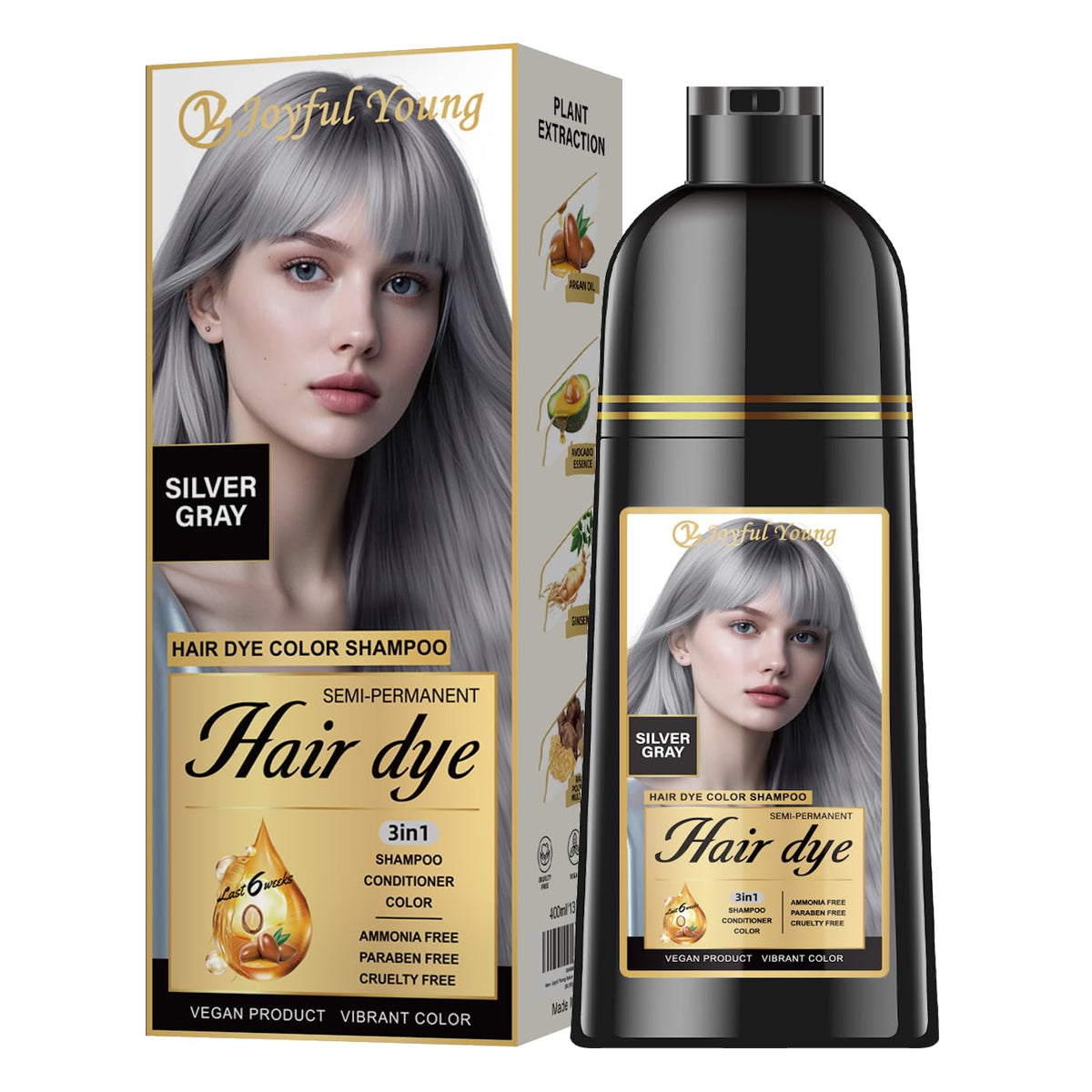 Joyful Young front bottle showing silver-gray shampoo and easy use benefit