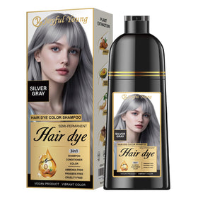 Joyful Young front bottle showing silver-gray shampoo and easy use benefit