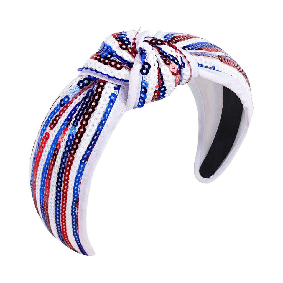 Joyline front view headband showing patriotic knot and sequins for festive style