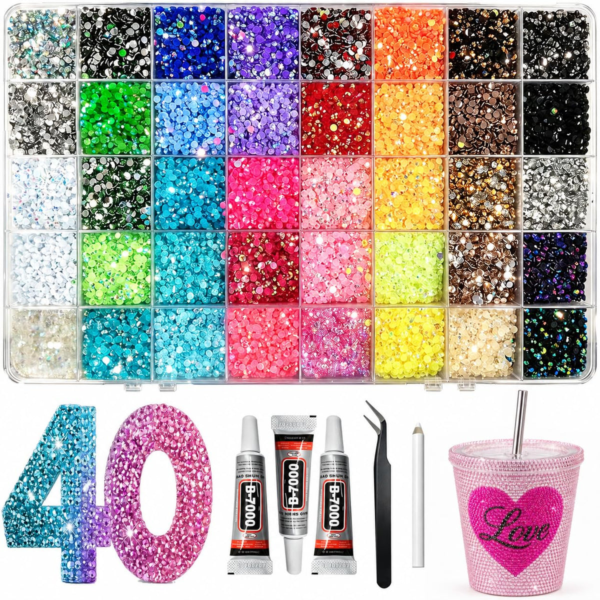 Joymeey front packaging showing the full rhinestone kit and included tools, clear overview benefit