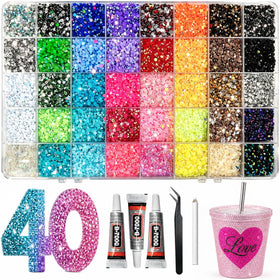 Joymeey front packaging showing the full rhinestone kit and included tools, clear overview benefit