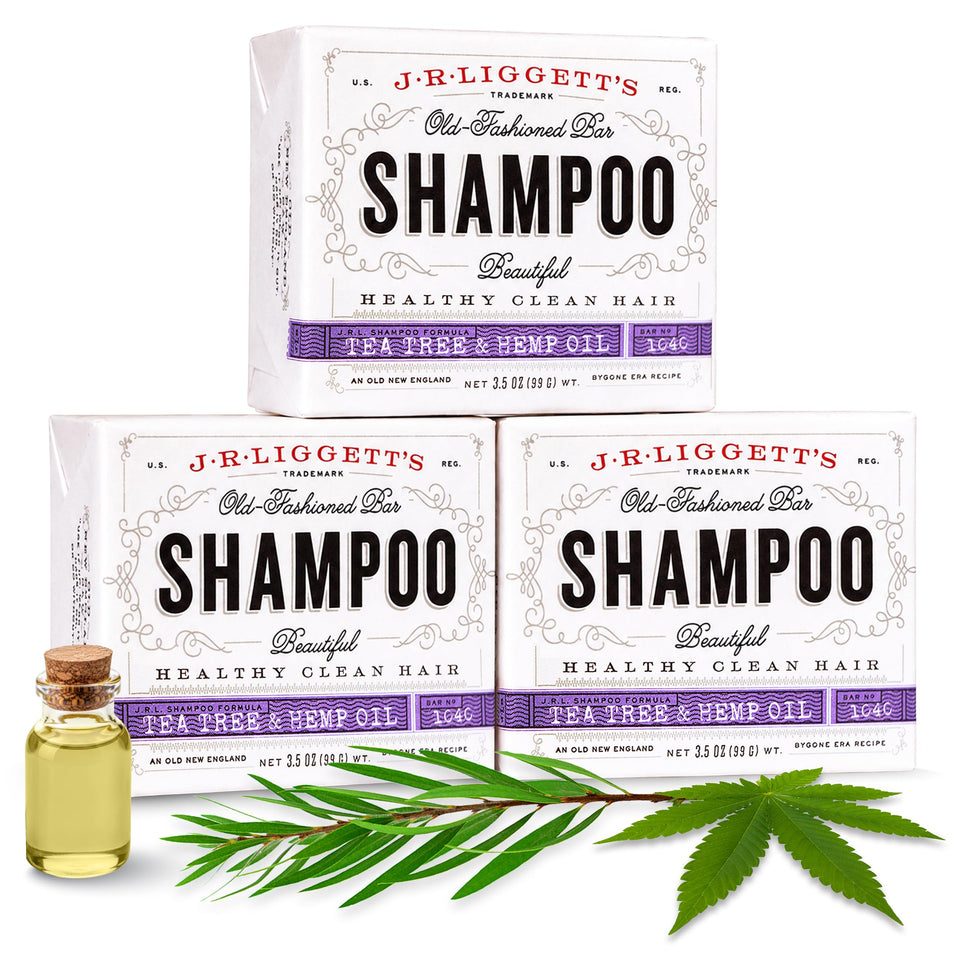 J·R·LIGGETT'S front packaging showing unscented tea tree shampoo benefits