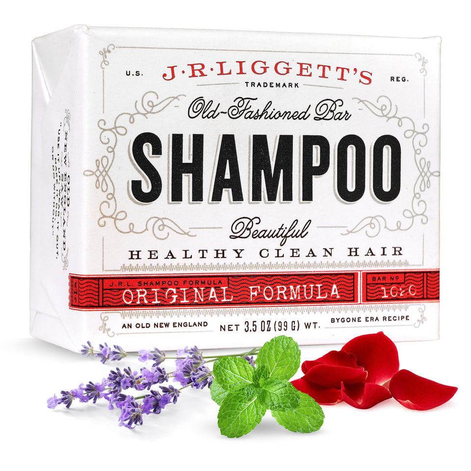 J·R·LIGGETT'S front packaging showing solid shampoo bar and benefits