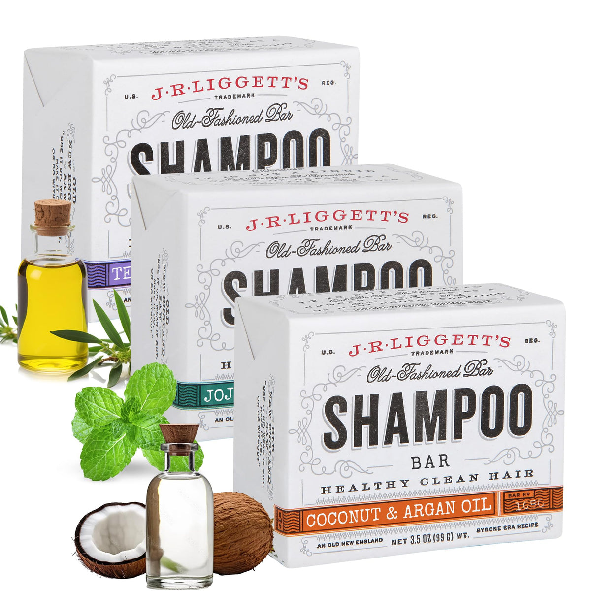 J·R·LIGGETT'S three-bar set front packaging showing eco-friendly benefits